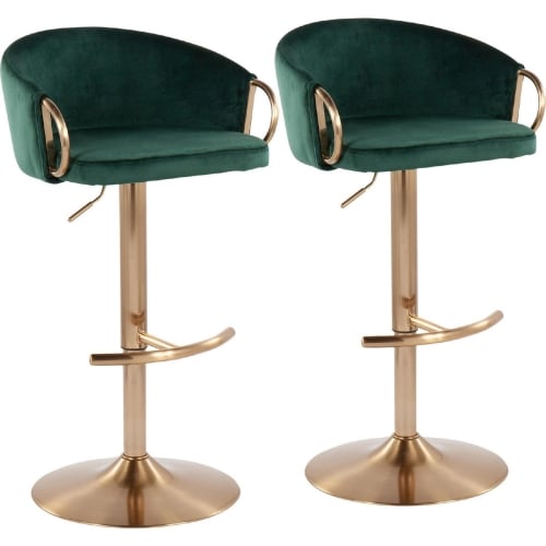 Claire Adjustable Bar Stool in Green Velvet & Gold Steel (Set of 2)